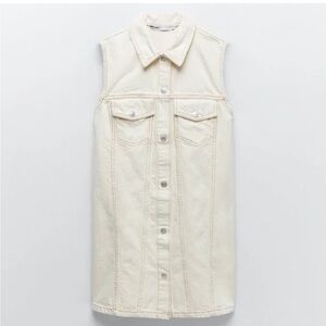 Zara Women’s Ecru Cream Denim Sleeveless Snap Button Up Mid Length Jacket